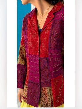 Vintage India Embroidered Beaded Real Patchwork Jacket Silk Blend Boho Art Wear